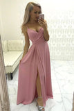 Simple Spaghetti Straps V Neck Ruffles Prom Dress with Pleats, High Slit Evening Dress STK15533