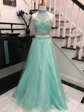 Elegant Halter Two Pieces Sky Blue Backless Tulle Prom Dresses with Beading