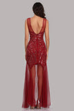 See Through Burgundy Mermaid Bateau Prom Dresses with Beading Tulle Party Dresses STK15324