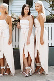 A Line Chiffon Spaghetti Straps Blush Pink Bridesmaid Dresses with Split, Long Prom Dress STK15486