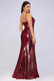 Sexy Spaghetti Straps Burgundy Sequins V Neck Party Dresses Mermaid Prom Dresses STK15358