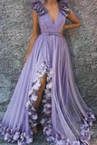 Charming A Line V Neck Long Flowers Rushed Tahiti Prom Dresses With Silt STK15093