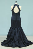 2024 Prom Dresses Satin Sexy Open Back V Neck Sweep Train Mermaid