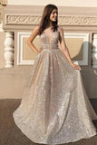 Modest Sparkly A Line Champagne V Neck Long Prom Dresses, Evening Dresses STK15269