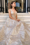 Modest Sparkly A Line Champagne V Neck Long Prom Dresses, Evening Dresses STK15269