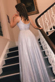 Glitter Silver Long Spaghetti Straps Prom Dresses with V Neck, Dance STK15646