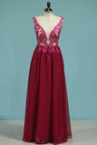 2024 Prom Dresses V Neck 30D Chiffon With Applique Sweep PSSLT5BM