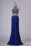 2024 New Arrival Halter Beaded Bodice Prom Dresses Spandex With PDLLMX2A