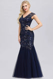 Elegant V-Neck Beaded Bodycon Mermaid Prom Dresses Straps Evening Gowns STK15215