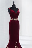 2024 Velvet Evening Dresses V Neck Mermaid With Applique P5NNY2TZ