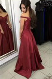 Satin Off the Shoulder A-line Sweep Train Sashes Sweetheart Burgundy Prom Dresses STK13450