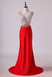 2024 V Neck Beaded Bodice Open Back Prom Dresses Column Spandex PR9M76A4