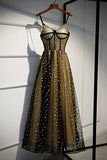 Charming Spaghetti Straps Sweetheart Black Tulle Prom Dresses with Stars, Party Dresses STK15127