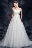 Off the Shoulder Tulle Wedding Dress with Lace Applique, A Line Long Bridal Dresses STK15273