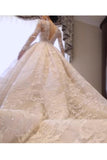 2024 Luxurious Long Sleeves Scoop A Line Lace Wedding Dresses With Pearls Royal Train