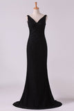 2024 Black Lace Evening Dresses V Neck Open Back Sweep Train PTFLM5GS