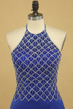 2024 Dark Royal Blue Halter Mermaid Prom Dresses Beaded Bodice Satin Sweep P3MRS869