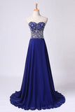 2024 Dark Royal Blue Prom Dress Sweetheart Beaded Bodice A Line PTJAD8A3