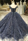 2024 Prom Dress Ball Gown Bateau Cap Sleeves Dark Navy Lace P1B27EEP