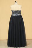 2024 Dark Navy A Line Prom Dresses Sweetheart Beaded Bodice Tulle Zipper P8K81BDX