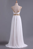 2024 White A Line Prom Dresses Bateau Open Back Chiffon With Beads & Ruffles PDT1Q2C2