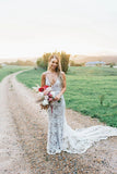 Rustic Lace Appliques V Neck Mermaid Wedding Dresses, Long Bridal Dresses STK15527