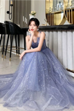 Unique Sparkle Straps Floor Length Tulle Prom Dress, A Line Sleeveless Evening Dresses