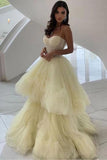 Princess A Line Spaghetti Straps Daffodil Layers Tulle Prom Dresses, Sweetheart Prom Gowns STK15284