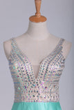 2024 A Line V Neck Open Back Prom Dresses Beaded Bodice P93J7SPY