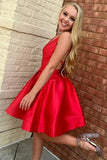 A-Line V-Neck Open Back Short Mini Red Satin Knee Length Homecoming Dresses