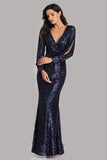 Long Split Sleeve Mermaid V Neck Dark Navy Blue Sequins Prom Dresses, Formal Dress STK15256