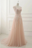 A Line Sheer Neck Cap Sleeves Tulle Prom Dresses Appliques Sweep Train Formal STKPTEXZSTC