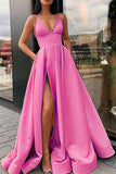 Simple A Line Yellow Spaghetti Straps Satin Prom Dresses with Slit, Party Dresss STK15386