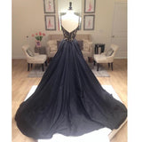 New Arrival Deep V-Neck Lace Chiffon Elegant A-line Black Long Open Back Prom Dresses