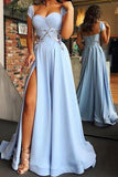 Cap Sleeve Sweetheart A Line Side Slit Satin Blue Long Prom Dresses,Evening Dresses PW299