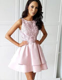 Pretty Bateau Short Blush Pink Scoop Satin Lace Appliques Homecoming Dresses