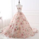 Charming Tulle Round Neck Lace Up Back Ball Gown Long Prom Dresses