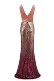 Sexy Sequins Mermaid V Neck Burgundy Velvet Long Prom Dresses Backless Evening Dress STK15352