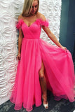 A Line Off the Shoulder Hot Pink Tulle Prom Dresses with Split, Long Formal Dresses STK15493