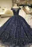 2024 Prom Dress Ball Gown Bateau Cap Sleeves Dark Navy Lace P1B27EEP