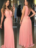 Elegant V Neck Chiffon Coral Straps V Neck Prom Dresses with Belt, Long Evening Dresses STK15212