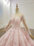 Elegant Ball Gown Pink Long Sleeves Appliques Prom Dresses, Quinceanera STK20481