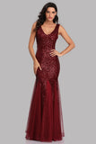 Sexy Burgundy Tulle V Neck Mermaid Sequin Prom Dresses, Evening Party Dresses STK15332