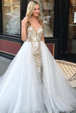 Sheath Spaghetti Straps White Detachable Train Prom Dress with Appliques, Quinceanera Dresses STK15373