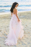 Boho Halter Backless Light Pink Chiffon Beach Wedding Dresses with Appliques Ruffles STK15082