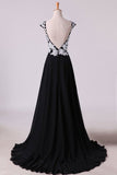 2024 Prom Dresses A Line Scoop Open Back With Applique & Slit Sweep Train PPCC7RXT