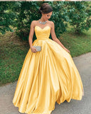 A Line Yellow Satin Prom Dresses, Strapless Sweetheart Sleeveless Party Dresses SRS15046