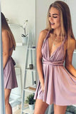 A Line Deep V Neck Above Knee Blush Pink Criss Cross Chiffon Homecoming Dresses