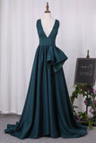 2024 Deep V Neck Elastic Satin A Line Evening Dresses PFA8ZT3H