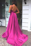 Simple A Line Spaghetti Straps V Neck Satin Backless Prom Dresses, Party STK15671